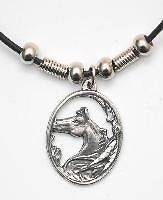 WESTERN PEWTER HORSE HEAD IN OVAL NECKLACE 27 BLACK CORD NEW