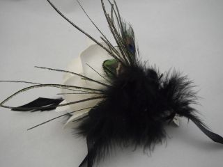   Ivory Rose Peacock Eye Black Feathers Hair Clip Wedding Party