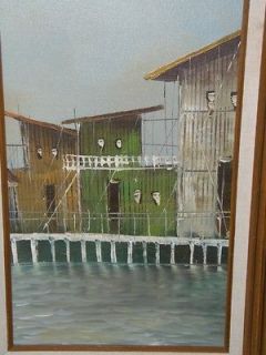 Vintage Canvas Pier & Buildings Oil Painting in Very Good Condition 19 