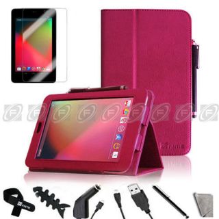 Pink PU Leather Folio Stand Case Cover+Stylus for Google Nexus 7 7 