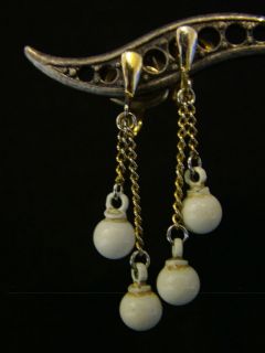 Trifari Gold Tone Dangle Clip On Earrings with Small White Balls