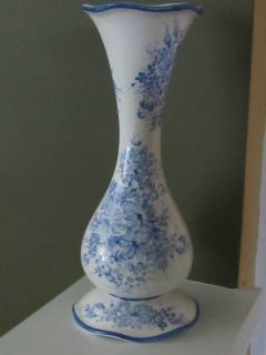   Blue & White Floral Art Pottery Flower Vase Made in Portugal 8.5 Tall