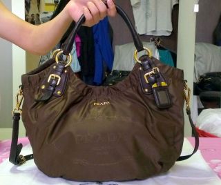 Prada Jacquard Brown Soft Nylon & Nappa Leather Large Shopper Handbag 