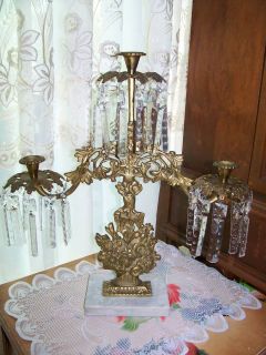   arm girondle candle holder brass crystal prisms .basket w flowers