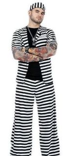 Men Striped Prison Jail Inmate Tattoo Fancy Dress Halloween Costume