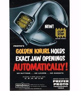 1958 Proto Tools Adjustable Wrench Golden Knurl Clik Stop Vtg Ad