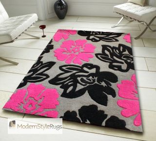 Grey Black and Fushia Pink Flowers   Handmade 100% Wool Rug   In 5 