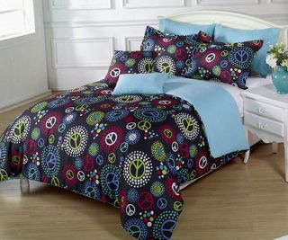   Soft Multi Colored Peace Sign Black Comforter Set Queen / Full Size