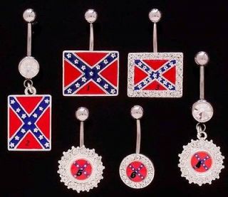 Dangling Rebel Confederate belly ring flag with CZ bling 14 gauge 7/16 