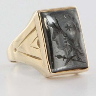   Estate Carved Intaglio Cameo Hematite Gold Mens Ring Cocktail Jewelry