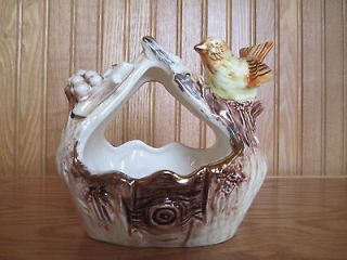 Ucagco ceramics japan cream colored basket with bird and grape vine 