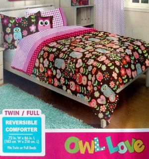LOVE OWLS BROWN PINK FLORAL TWIN COMFORTER SHEETS 4PC BEDDING SET NEW