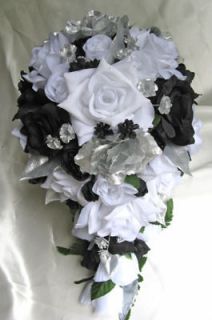 21pc Wedding Cascade bouquet Silk Bridal flowers BLACK WHITE SILVER 
