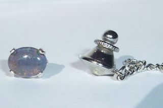 Fire Opal Triplet Cab in USA Made Sterling Silver Tie Tack w/chain
