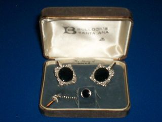 Vintage Destino Black Onyx Silver Tone Cufflinks And Tie Pin