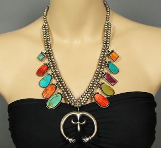   Vintage Old SPINY OYSTER TURQUOISE Navajo Squash Blossom Necklace