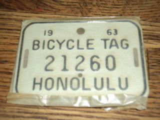 NOS 1963 HONOLULU BICYCLE LICENSE PLATE SCHWINN TAG STING RAY 
