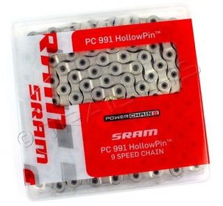 SRAM PC 991 9 Speed Hollow Pin Bike Chain with Gold Powerlink 114 