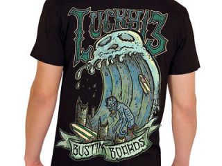 LUCKY 13 BUSTIN BOARDS ZOMBIE SURFING SURFBOARD GOTH PUNK T TEE SHIRT 