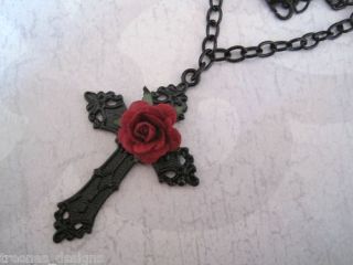 ORNATE BLACK CROSS RED ROSE* Chain Necklace Gothic