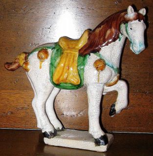 VINTAGE~Large Hand Painted TANG SANCAI POTTERY HORSE w/Crackle Glaze