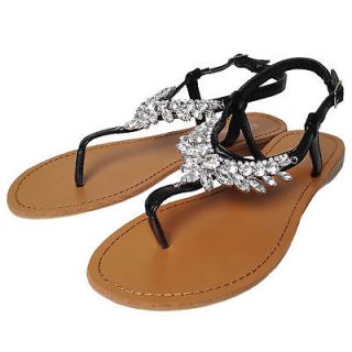 NEW Womens Flat Heel Jewel Gem T Strap Bling Flip Flop Thong Sandal 