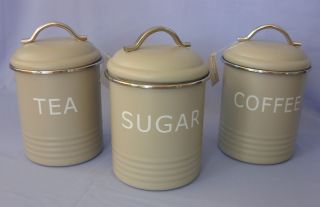   Set 3 Metal Tea Coffee Sugar Jars Canister Storage Tins Olive/Grey