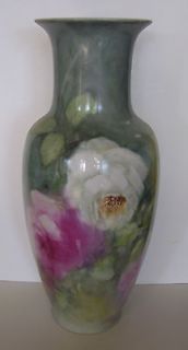 Hand Painted 16 3/4 Tall Porcelain Floor Vase Large Cabbage Roses 