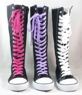   Knee High Top Punk Lace Up Canvas Boot Tennis Shoe Sneaker Black NEW