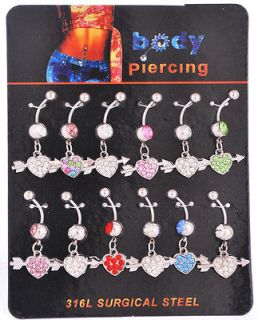   Crystal Love Heart Belly Navel Rings stainless steel body jewelry12p