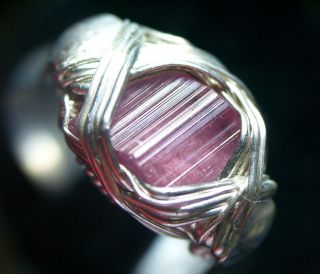   Watermelon Tourmaline Crystal in Silver Wire Wrapped Ring, Size 6.25