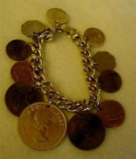 Vtg ESTATE Dangling Coin Bracelet Love Token Travel Foreign 1944 1962