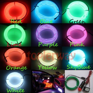 For Car 16ft 10 Colors EL Wire Neon Glow Light Rope w/ 12V Transformer 
