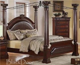   KING CANOPY BED WITH LEATHER INLAY ON THE HEADBOARD & FOOT  NEW