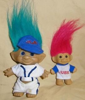 Two Baseball Player Troll dolls Aqua Treasure Troll in uniform & Russ 