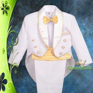 5pc White Gold Formal Tuxedo Suit Wedding Page boy Christening Baby Sz 