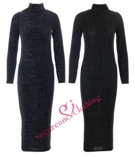 NEW WOMENS KNITTED POLO TURTLE NECK LUREX MAXI DRESS / SIZE 8 14