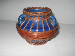 ANTIQUE WOVEN WICKER WRAPPED BLUE POTTERY PLANTER BOWL JAPAN