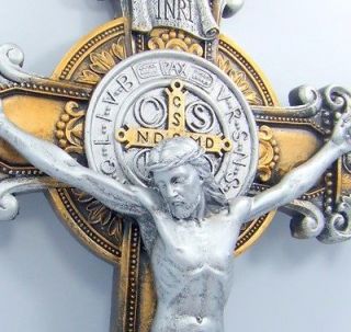 St Saint Benedict Wall Crucifix Antique Cross Silver W Gold Finish 