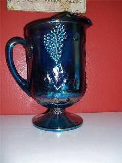 VINTAGE: BLUE HARVEST CARNIVAL GLASS WATER PITCHER GRAPES AND LEAFS