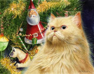 DREW STROUBLE WATERCOLOR FLAME POINT HIMALAYAN CAT W/ CHRISTMAS TREE 
