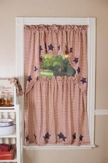 Primitive Country Curtain Tier Red and White Check Blue Stars
