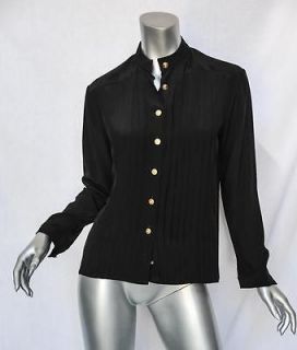   Black SILK Pleated Band Collar Button Up Shirt Top Blouse M NEW