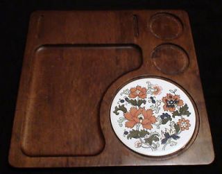 Antique Wood floral ceramic Tile Cheese Tray Platter cutter plate 