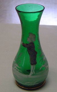 Antique Victorian Green Mary Gregory & Coralene Glass Vase