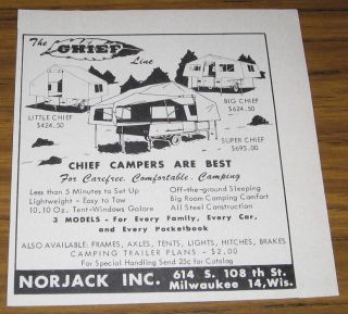 1964 VINTAGE AD~CHIEF TENT CAMPING TRAILERS~MILWA​UKEE,WI NORJACK