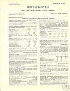 Amazing 1950 GMC HFR 640 & HF 640 COE Truck Specification Sheet