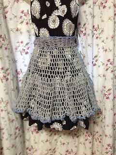 Handmade Crocheted Frilly Apron Gray with Blue Trim Kitchen Serving 