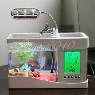 White USB Desktop Mini Aquarium Fish Tank w/ LCD Clock LED Light Holds 