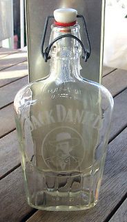 Jack Daniels Empty Glass Flask Style Bottle Acid Etched with Portrait